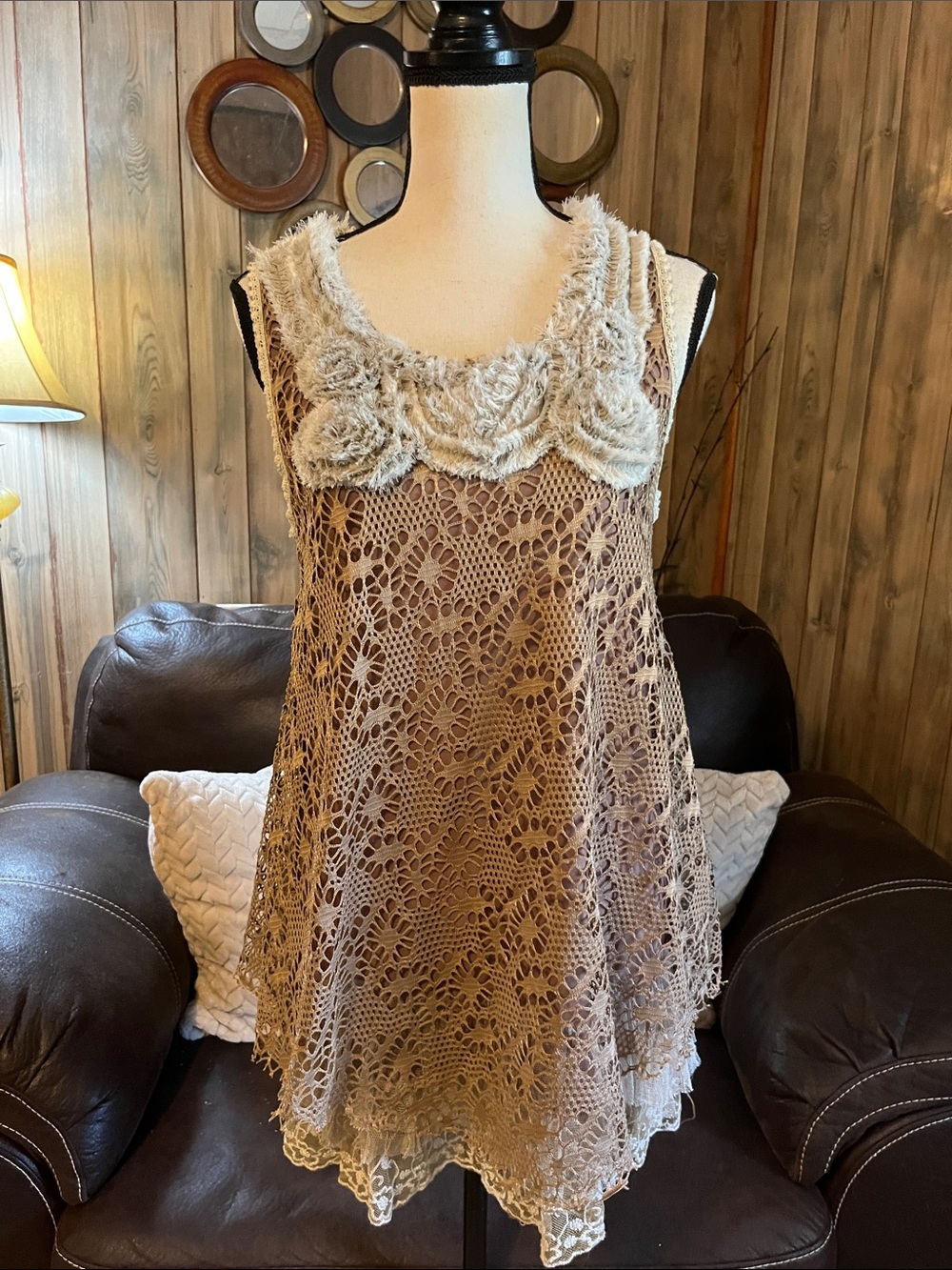 Pretty Angel Tan Crochet Linen Blend Tunic Top/Dress Boho Fairycore Feminine - Picture 3 of 10